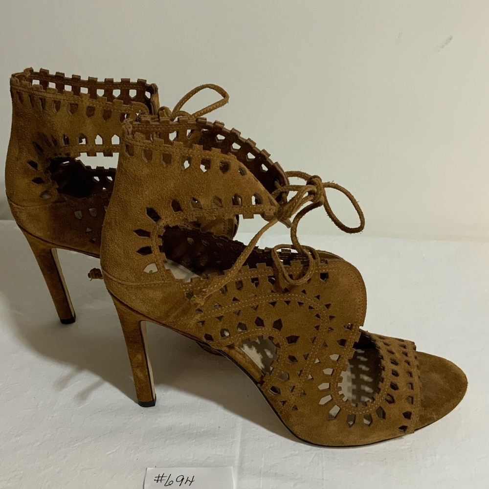 Via Spiga - Golden tan suede open toe ankle heeled sandal with cut outs and tie